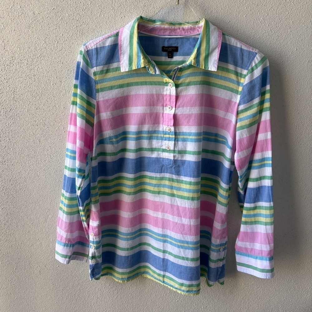 Talbots Cotton Beach Stripe Popover Size L Petite Vacation Coastal Grandmother